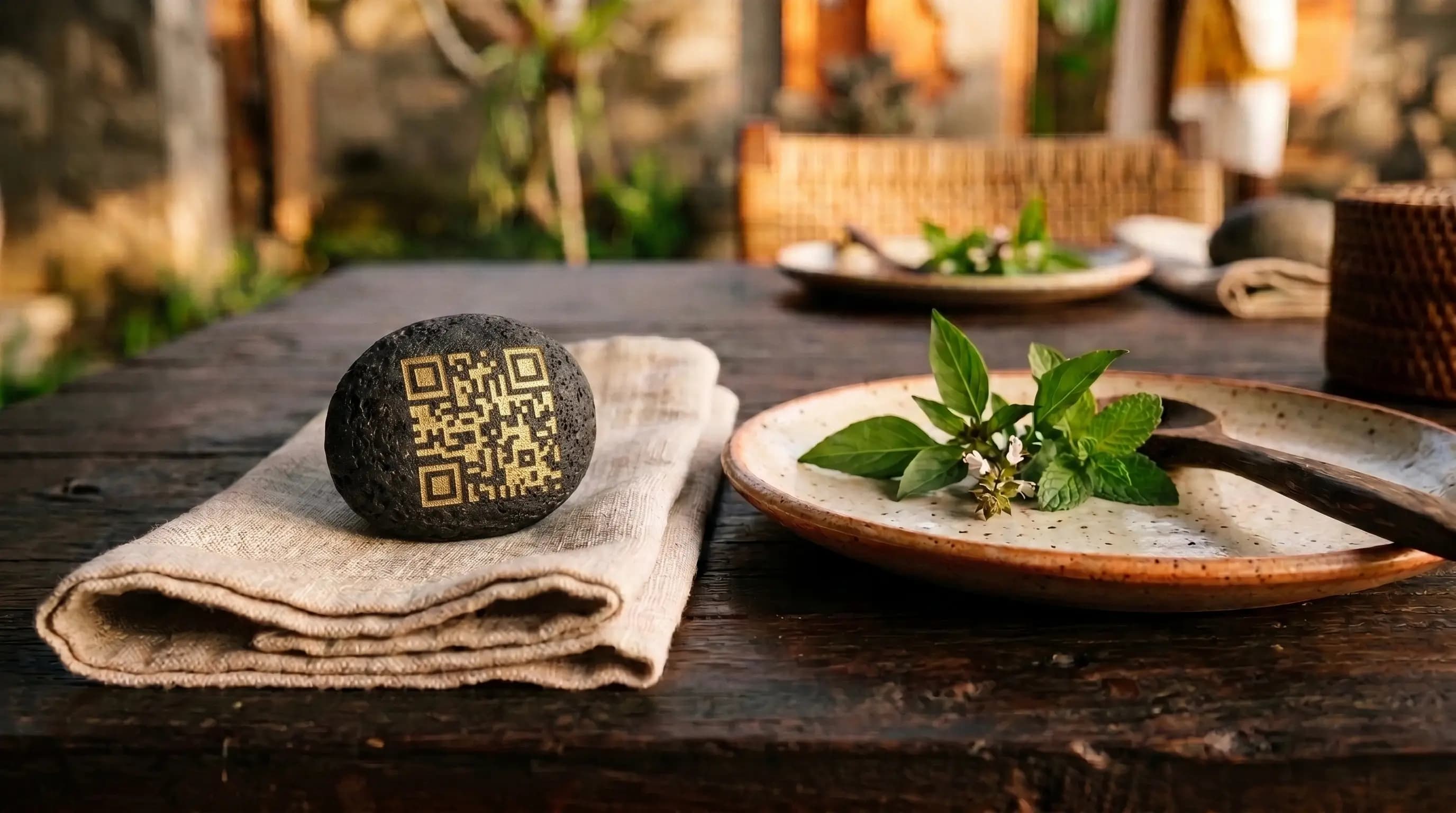 Support QR sur mesure en pierre naturelle, posé sur une table dressée
