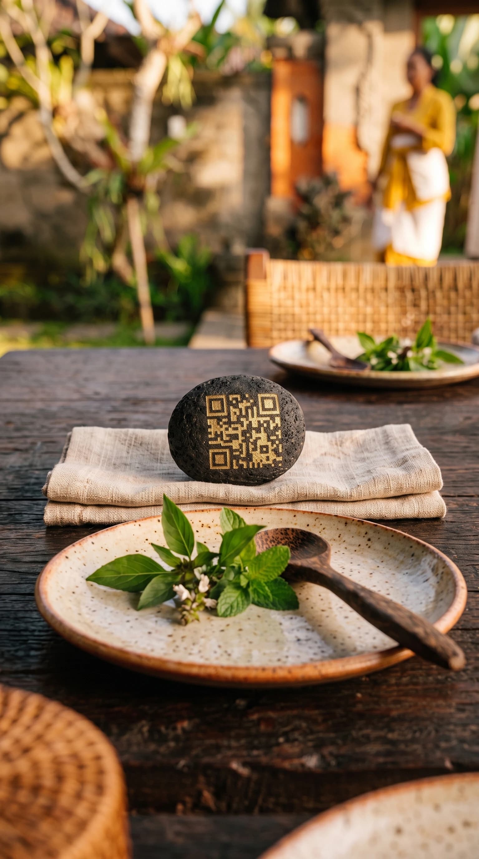 Support QR sur mesure en pierre naturelle, posé sur une table dressée