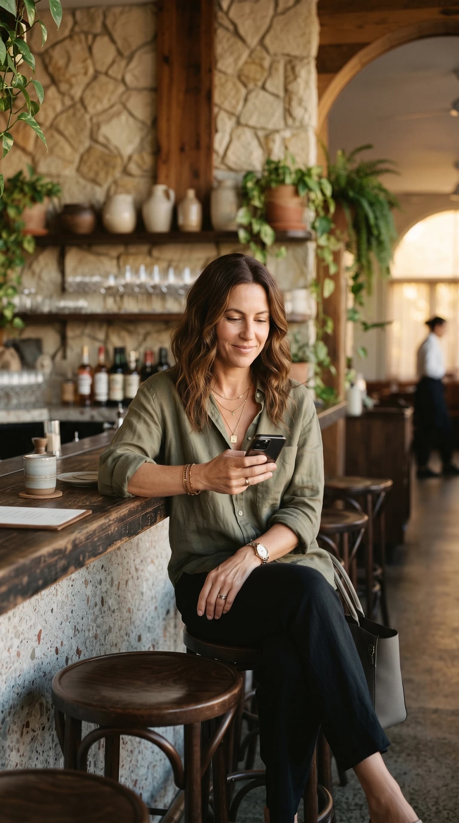 Restaurateur peaufinant sa carte digitale depuis son téléphone