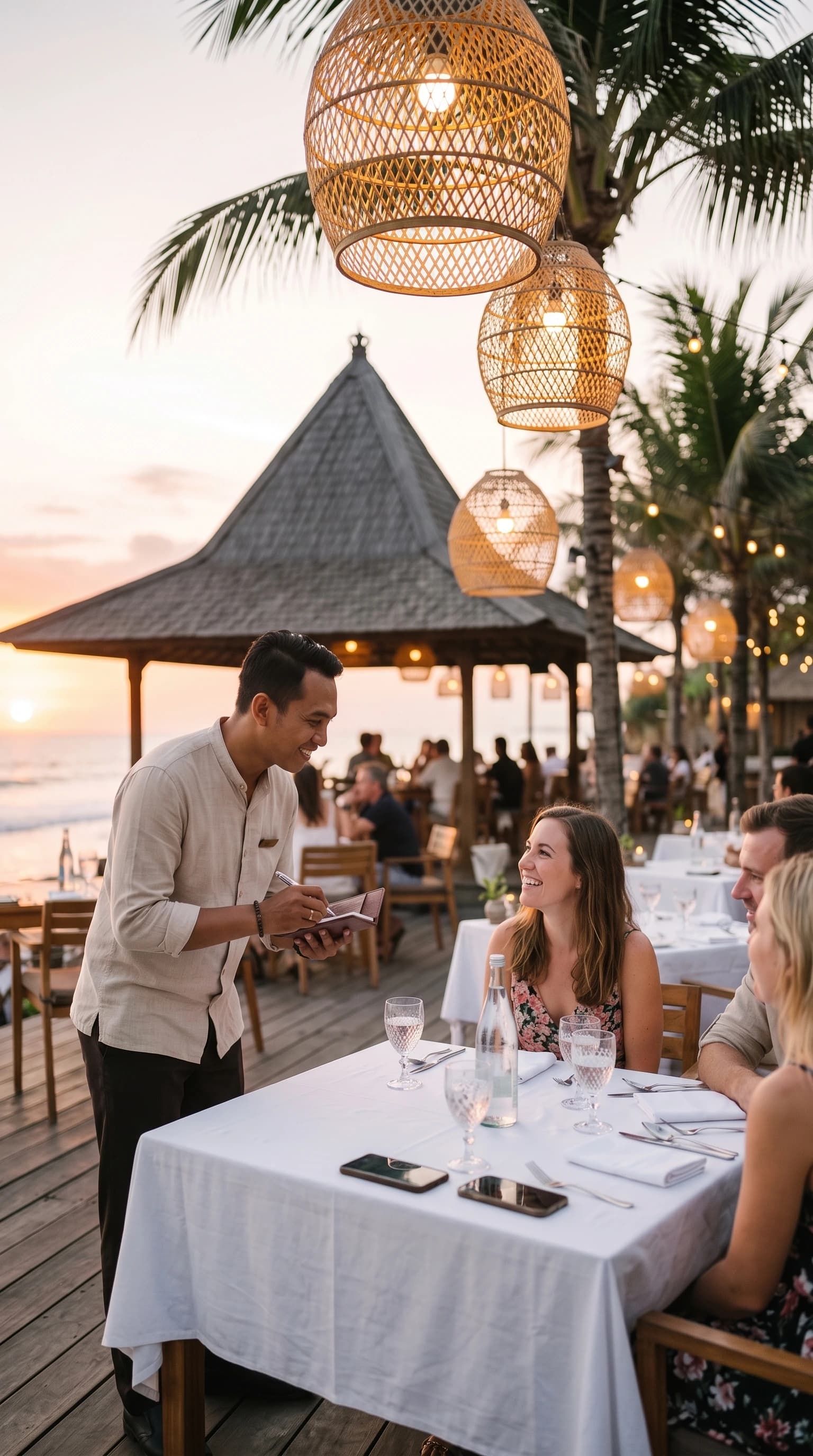 Serveur prenant la commande à table, terrasse d'un beach club au coucher du soleil