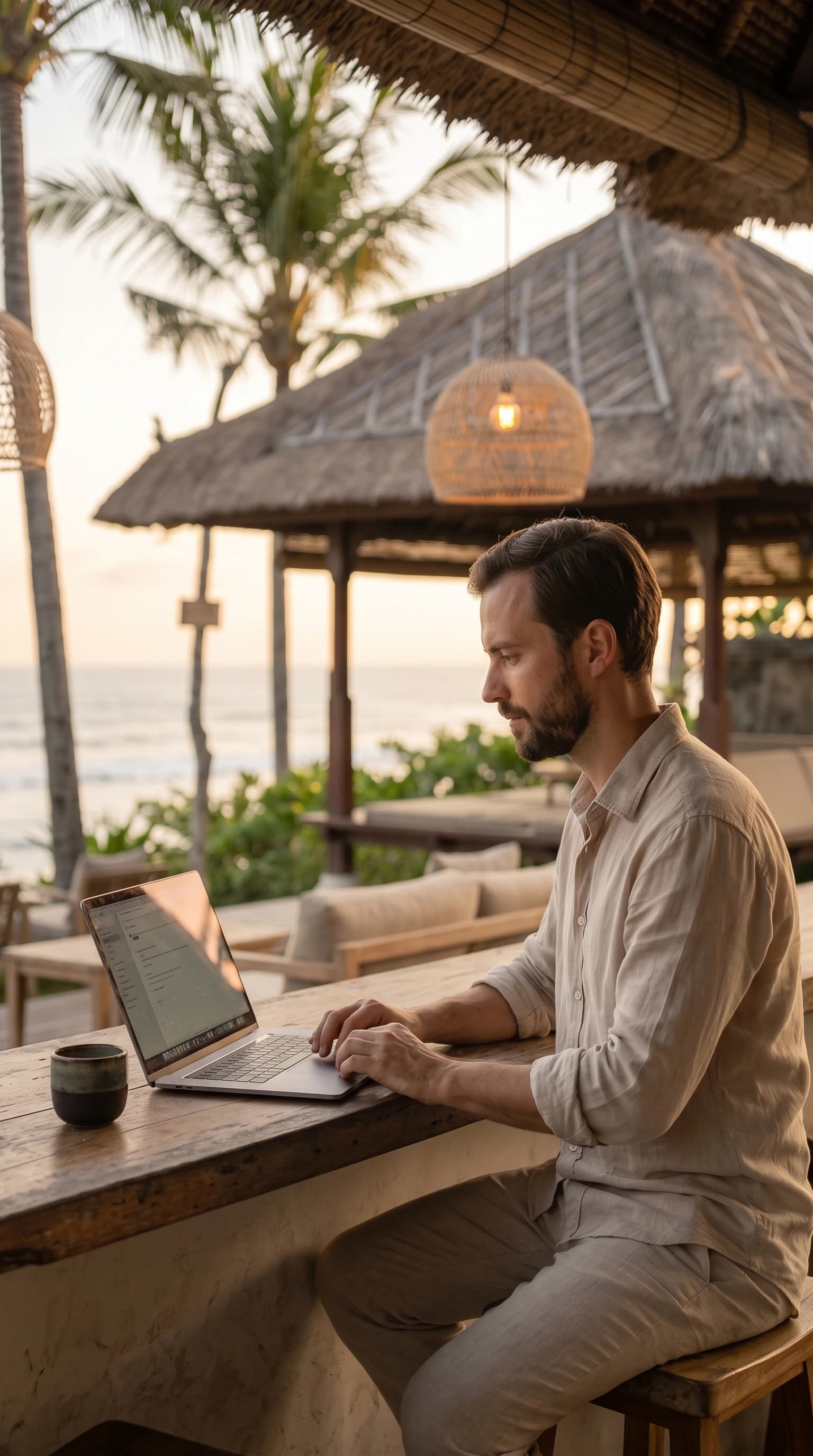 Restaurateur trentenaire configurant son menu sur laptop, terrasse Bali Luxe au lever du jour