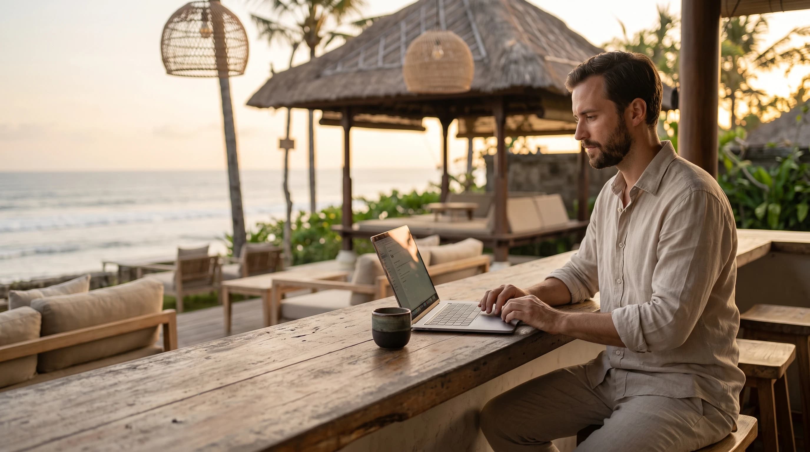Restaurateur trentenaire configurant son menu sur laptop, terrasse Bali Luxe au lever du jour
